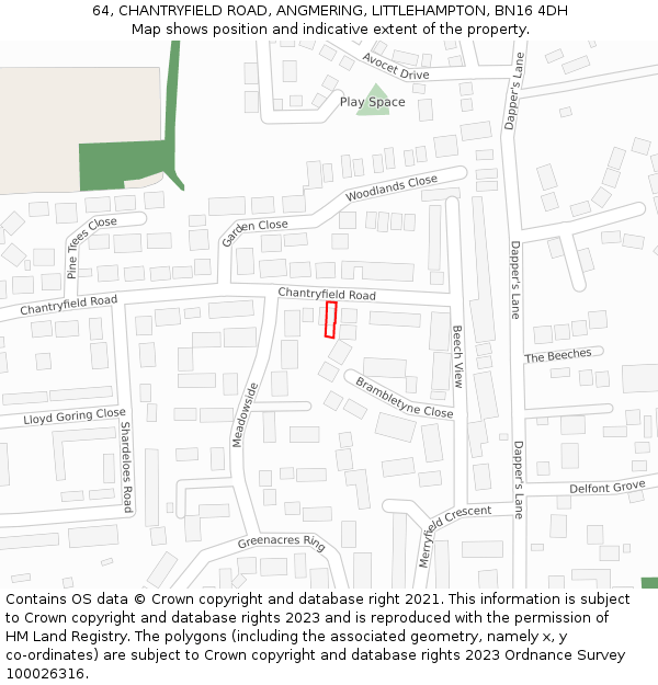 64, CHANTRYFIELD ROAD, ANGMERING, LITTLEHAMPTON, BN16 4DH: Location map and indicative extent of plot