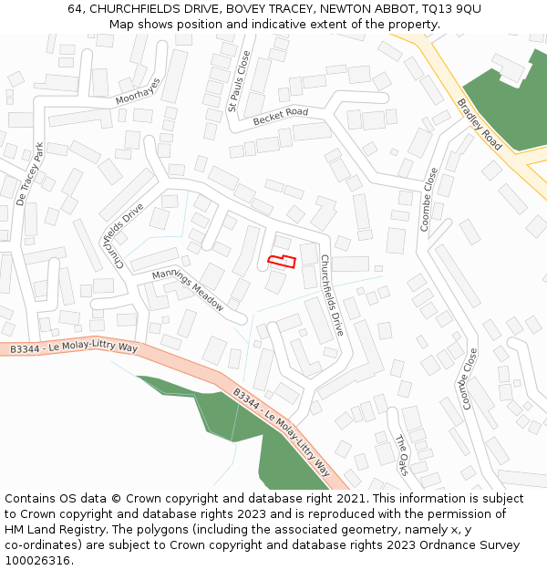 64, CHURCHFIELDS DRIVE, BOVEY TRACEY, NEWTON ABBOT, TQ13 9QU: Location map and indicative extent of plot