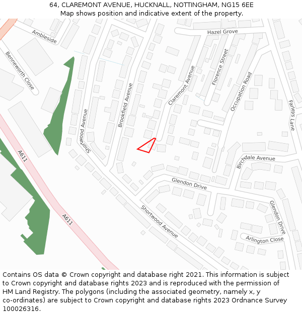 64, CLAREMONT AVENUE, HUCKNALL, NOTTINGHAM, NG15 6EE: Location map and indicative extent of plot