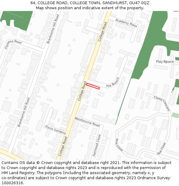 64, COLLEGE ROAD, COLLEGE TOWN, SANDHURST, GU47 0QZ: Location map and indicative extent of plot