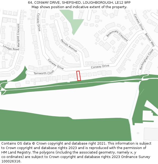64, CONWAY DRIVE, SHEPSHED, LOUGHBOROUGH, LE12 9PP: Location map and indicative extent of plot