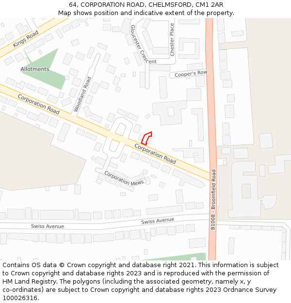 64, CORPORATION ROAD, CHELMSFORD, CM1 2AR: Location map and indicative extent of plot