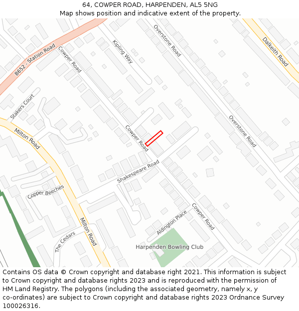 64, COWPER ROAD, HARPENDEN, AL5 5NG: Location map and indicative extent of plot