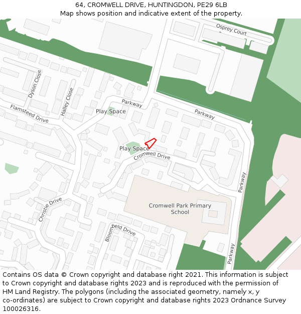 64, CROMWELL DRIVE, HUNTINGDON, PE29 6LB: Location map and indicative extent of plot