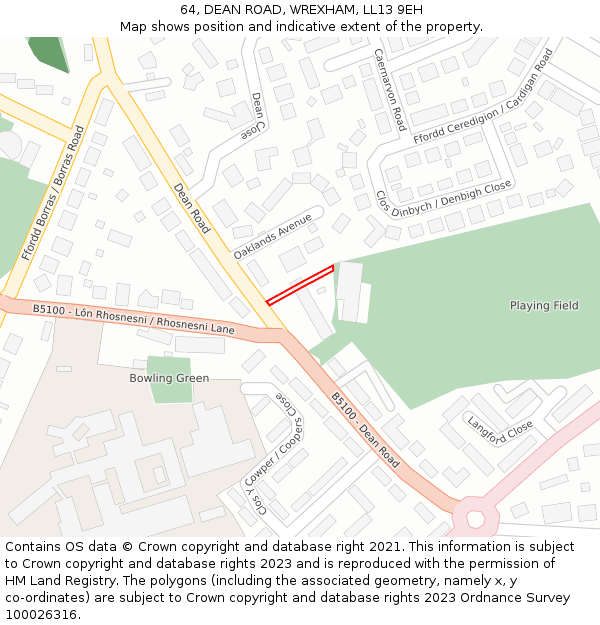 64, DEAN ROAD, WREXHAM, LL13 9EH: Location map and indicative extent of plot