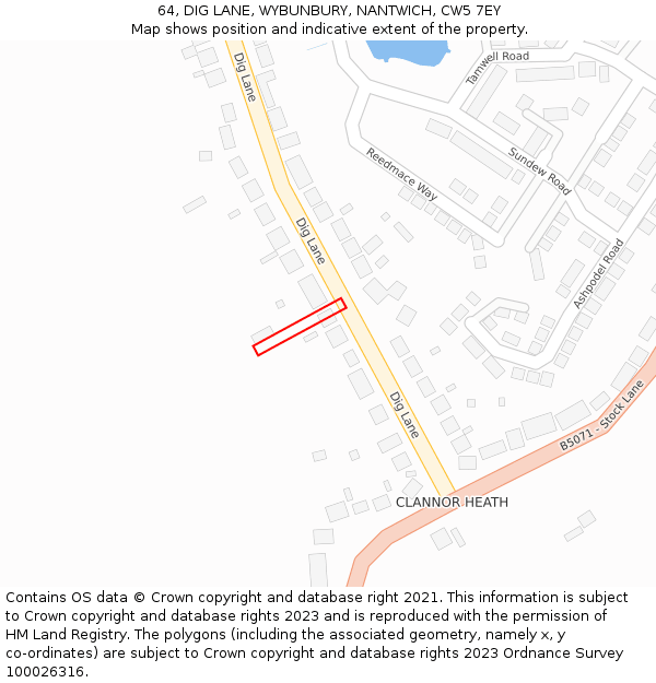 64, DIG LANE, WYBUNBURY, NANTWICH, CW5 7EY: Location map and indicative extent of plot