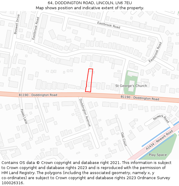 64, DODDINGTON ROAD, LINCOLN, LN6 7EU: Location map and indicative extent of plot