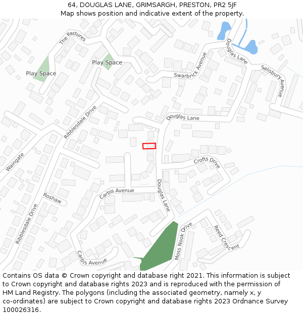 64, DOUGLAS LANE, GRIMSARGH, PRESTON, PR2 5JF: Location map and indicative extent of plot
