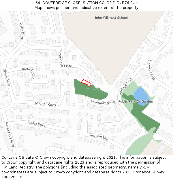 64, DOVEBRIDGE CLOSE, SUTTON COLDFIELD, B76 2UH: Location map and indicative extent of plot