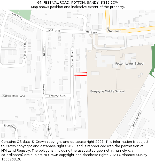 64, FESTIVAL ROAD, POTTON, SANDY, SG19 2QW: Location map and indicative extent of plot