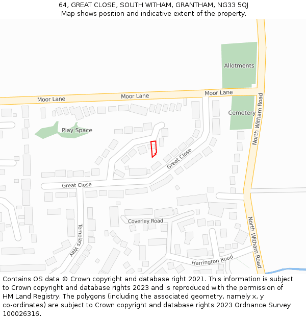 64, GREAT CLOSE, SOUTH WITHAM, GRANTHAM, NG33 5QJ: Location map and indicative extent of plot