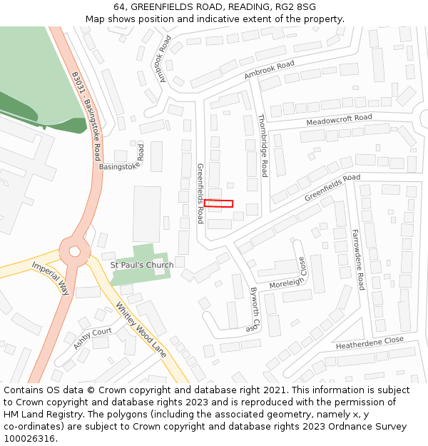 64, GREENFIELDS ROAD, READING, RG2 8SG: Location map and indicative extent of plot