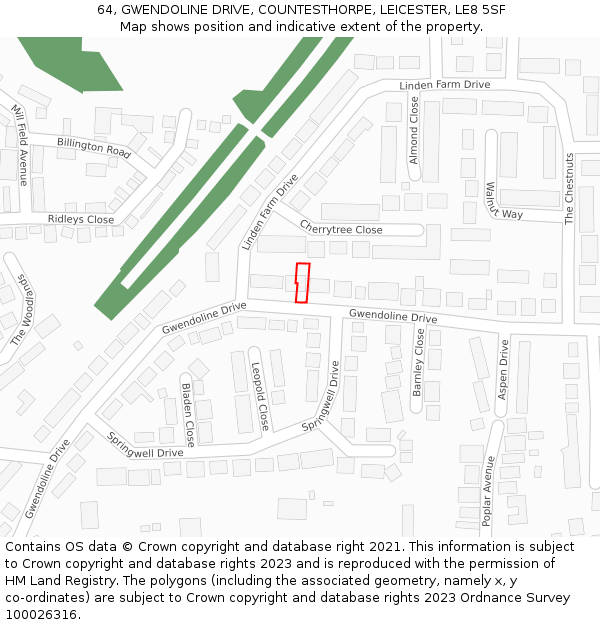 64, GWENDOLINE DRIVE, COUNTESTHORPE, LEICESTER, LE8 5SF: Location map and indicative extent of plot