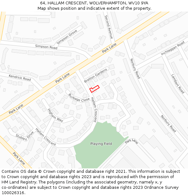 64, HALLAM CRESCENT, WOLVERHAMPTON, WV10 9YA: Location map and indicative extent of plot
