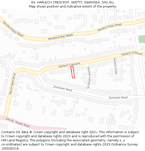 64, HARLECH CRESCENT, SKETTY, SWANSEA, SA2 9LL: Location map and indicative extent of plot