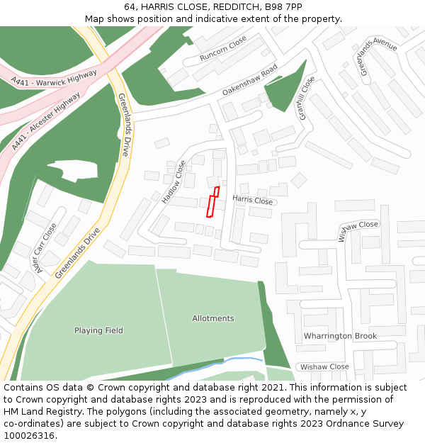 64, HARRIS CLOSE, REDDITCH, B98 7PP: Location map and indicative extent of plot