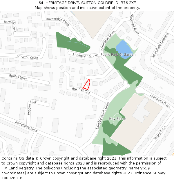 64, HERMITAGE DRIVE, SUTTON COLDFIELD, B76 2XE: Location map and indicative extent of plot