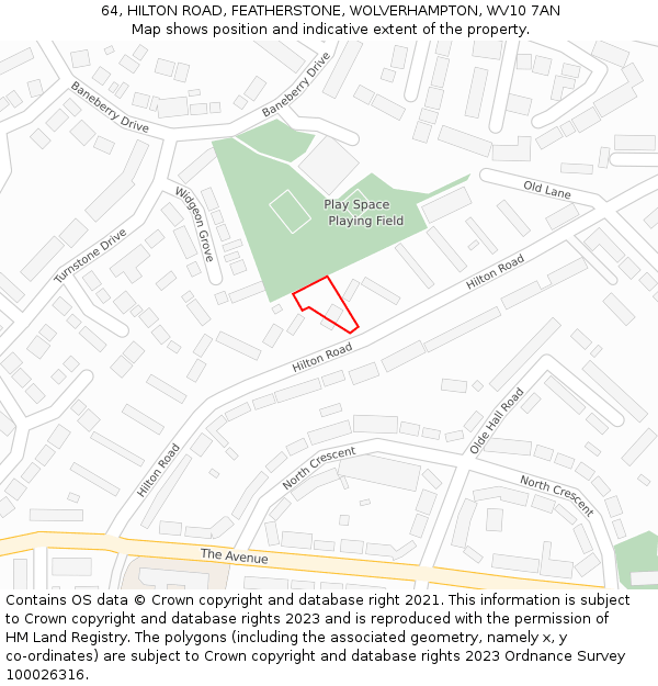 64, HILTON ROAD, FEATHERSTONE, WOLVERHAMPTON, WV10 7AN: Location map and indicative extent of plot