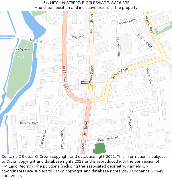 64, HITCHIN STREET, BIGGLESWADE, SG18 8BE: Location map and indicative extent of plot