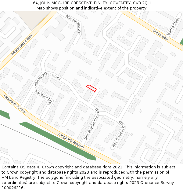 64, JOHN MCGUIRE CRESCENT, BINLEY, COVENTRY, CV3 2QH: Location map and indicative extent of plot