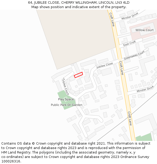 64, JUBILEE CLOSE, CHERRY WILLINGHAM, LINCOLN, LN3 4LD: Location map and indicative extent of plot