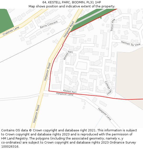 64, KESTELL PARC, BODMIN, PL31 1HP: Location map and indicative extent of plot