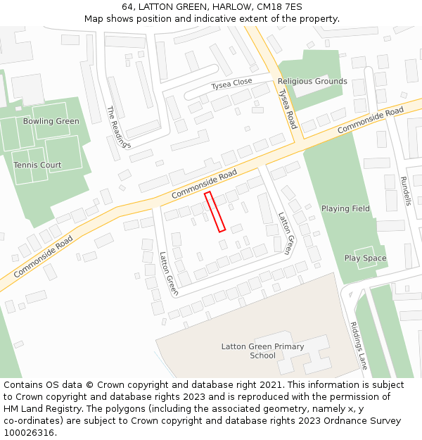 64, LATTON GREEN, HARLOW, CM18 7ES: Location map and indicative extent of plot