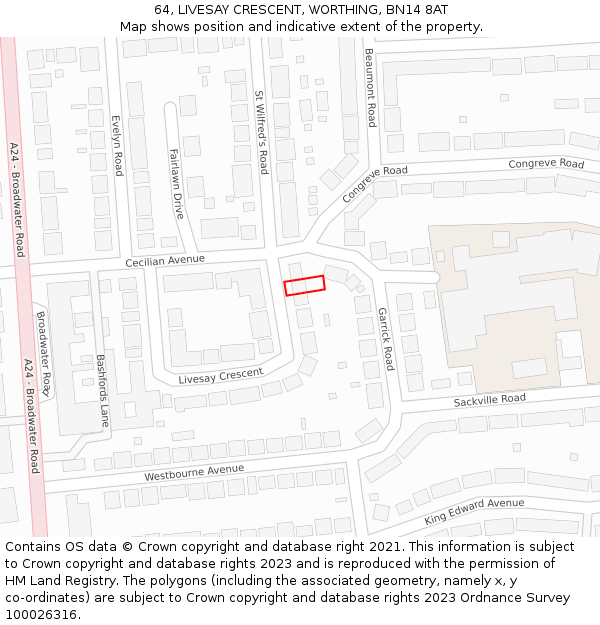 64, LIVESAY CRESCENT, WORTHING, BN14 8AT: Location map and indicative extent of plot