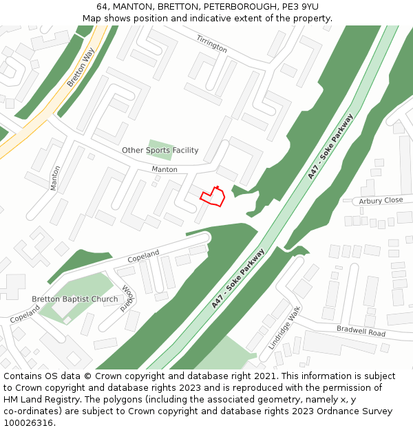 64, MANTON, BRETTON, PETERBOROUGH, PE3 9YU: Location map and indicative extent of plot