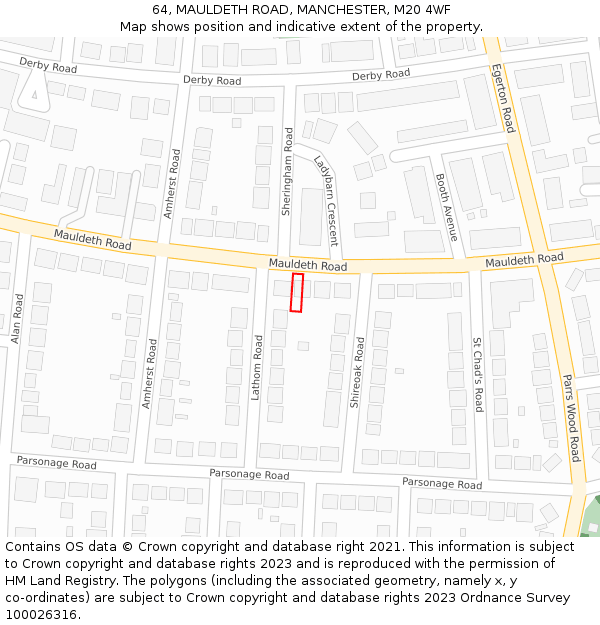 64, MAULDETH ROAD, MANCHESTER, M20 4WF: Location map and indicative extent of plot