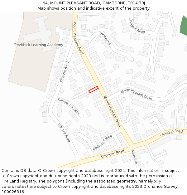 64, MOUNT PLEASANT ROAD, CAMBORNE, TR14 7RJ: Location map and indicative extent of plot