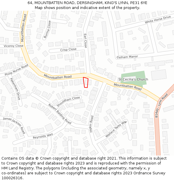 64, MOUNTBATTEN ROAD, DERSINGHAM, KING'S LYNN, PE31 6YE: Location map and indicative extent of plot
