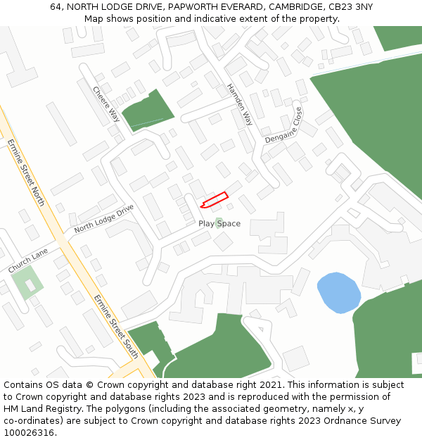 64, NORTH LODGE DRIVE, PAPWORTH EVERARD, CAMBRIDGE, CB23 3NY: Location map and indicative extent of plot