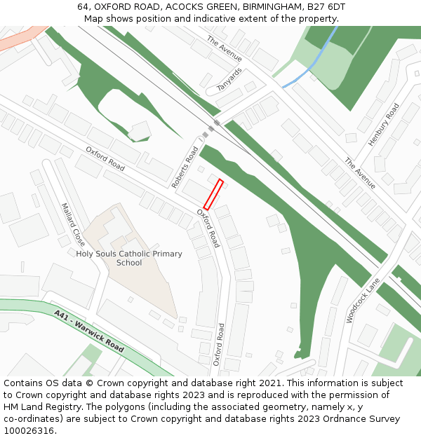 64, OXFORD ROAD, ACOCKS GREEN, BIRMINGHAM, B27 6DT: Location map and indicative extent of plot