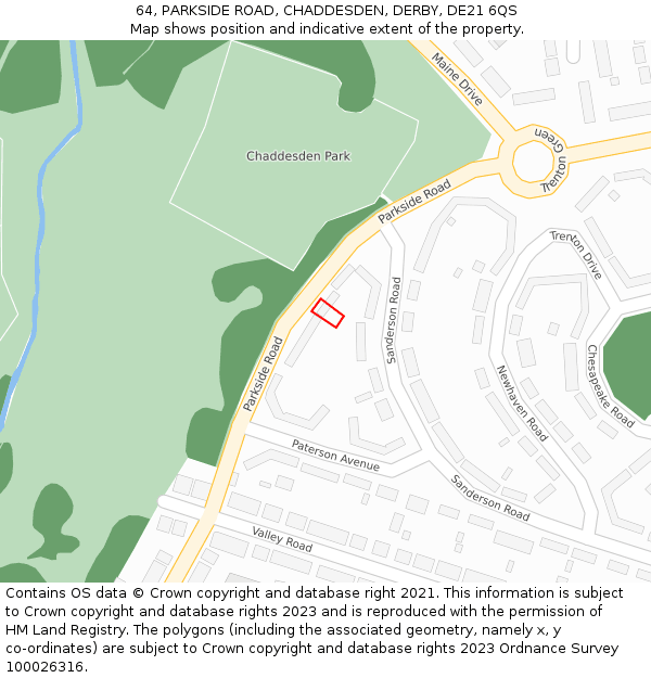 64, PARKSIDE ROAD, CHADDESDEN, DERBY, DE21 6QS: Location map and indicative extent of plot