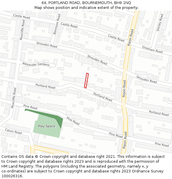 64, PORTLAND ROAD, BOURNEMOUTH, BH9 1NQ: Location map and indicative extent of plot