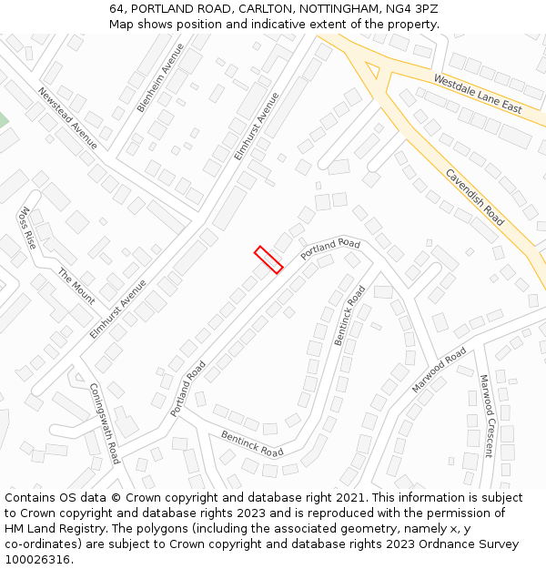 64, PORTLAND ROAD, CARLTON, NOTTINGHAM, NG4 3PZ: Location map and indicative extent of plot