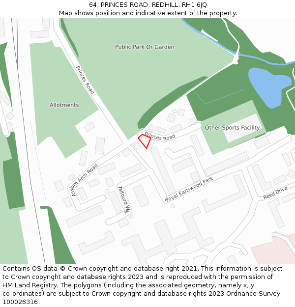 64, PRINCES ROAD, REDHILL, RH1 6JQ: Location map and indicative extent of plot