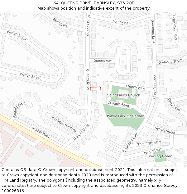 64, QUEENS DRIVE, BARNSLEY, S75 2QE: Location map and indicative extent of plot