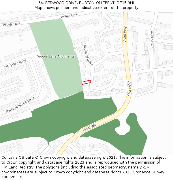 64, REDWOOD DRIVE, BURTON-ON-TRENT, DE15 9HL: Location map and indicative extent of plot