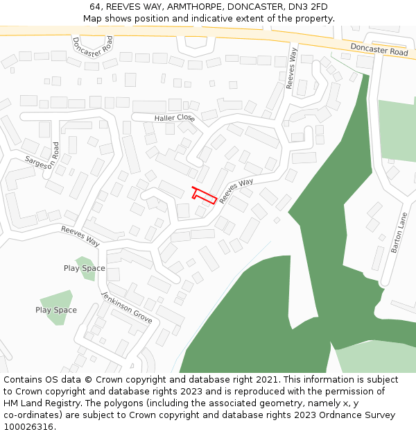 64, REEVES WAY, ARMTHORPE, DONCASTER, DN3 2FD: Location map and indicative extent of plot