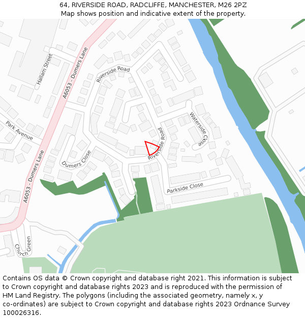 64, RIVERSIDE ROAD, RADCLIFFE, MANCHESTER, M26 2PZ: Location map and indicative extent of plot