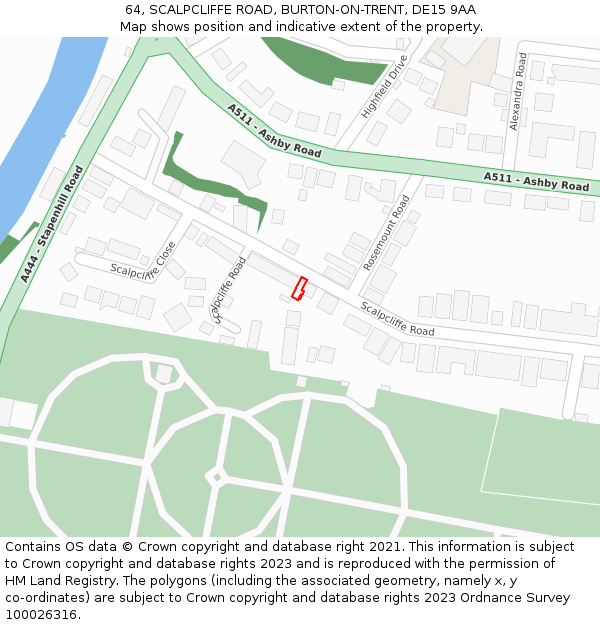 64, SCALPCLIFFE ROAD, BURTON-ON-TRENT, DE15 9AA: Location map and indicative extent of plot