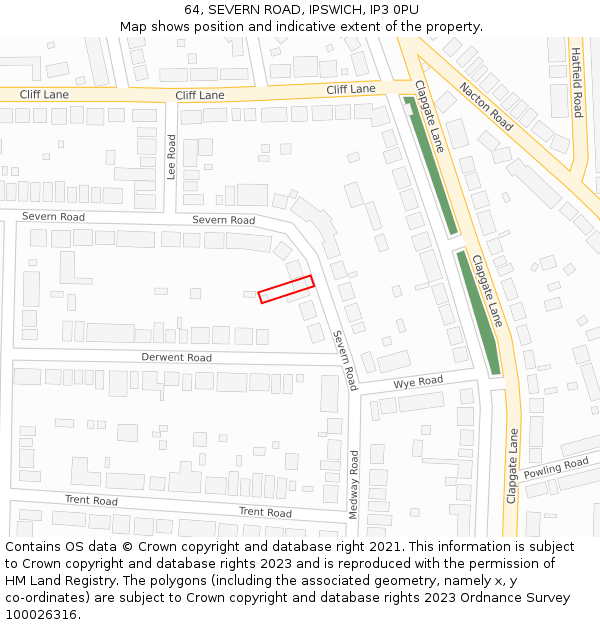 64, SEVERN ROAD, IPSWICH, IP3 0PU: Location map and indicative extent of plot