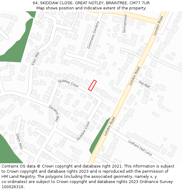 64, SKIDDAW CLOSE, GREAT NOTLEY, BRAINTREE, CM77 7UR: Location map and indicative extent of plot