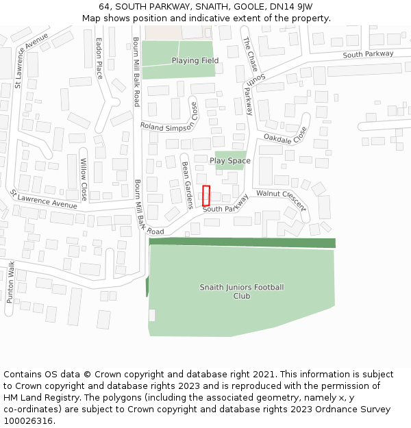 64, SOUTH PARKWAY, SNAITH, GOOLE, DN14 9JW: Location map and indicative extent of plot