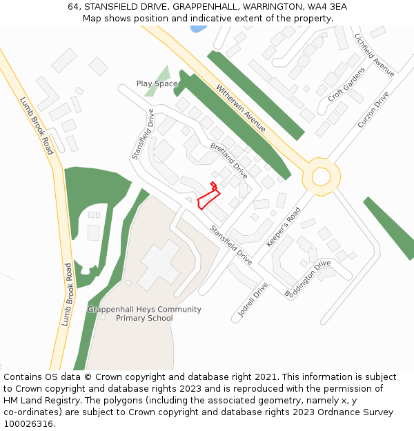 64, STANSFIELD DRIVE, GRAPPENHALL, WARRINGTON, WA4 3EA: Location map and indicative extent of plot