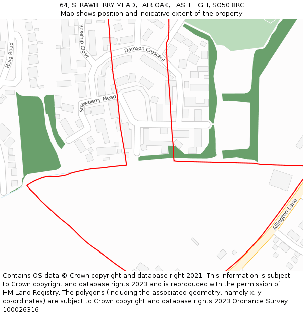 64, STRAWBERRY MEAD, FAIR OAK, EASTLEIGH, SO50 8RG: Location map and indicative extent of plot