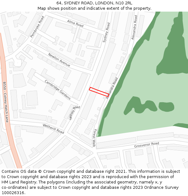 64, SYDNEY ROAD, LONDON, N10 2RL: Location map and indicative extent of plot