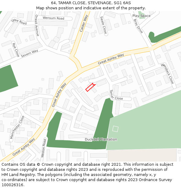 64, TAMAR CLOSE, STEVENAGE, SG1 6AS: Location map and indicative extent of plot